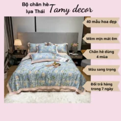 Bộ  ga gối chăn hè lụa thái hình hoa sang trọng Tamy Decor