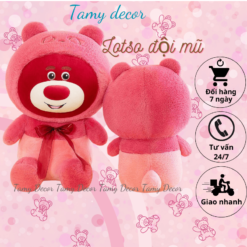 Gấu Bông Lotso Đội Mũ Tai Gấu Màu Đỏ TamyDecor chất liệu lông xù cao cấp