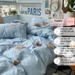 Bộ ga gối cotton đũi thêu Gấu Hàn Quốc TamyDecor