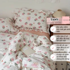 Bộ ga gối cotton đũi viền bèo họa tiết hoa vintage Tamy Decor