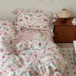 Alternative view of Bộ ga gối cotton đũi viền bèo họa tiết hoa vintage Tamy Decor