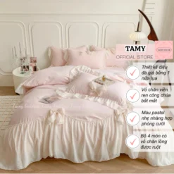 Bộ chăn ga cotton đũi ren bèo công chúa Tamy decor