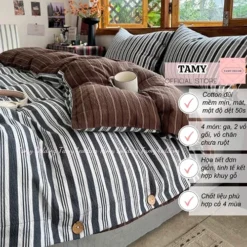 Bộ chăn ga gối chất cotton đũi kẻ có khuy Tamy bedding