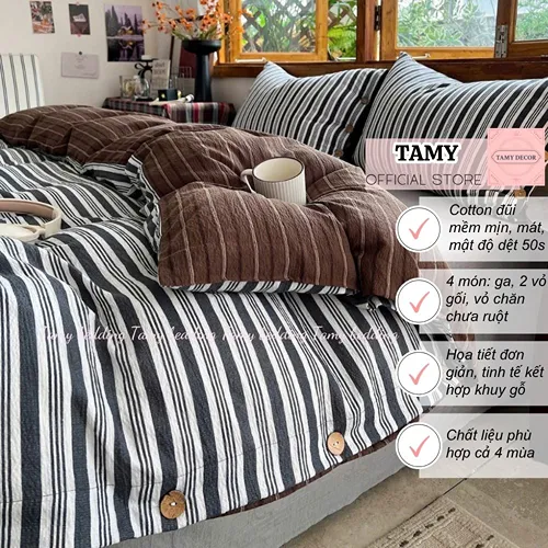 Bộ chăn ga gối chất cotton đũi kẻ có khuy Tamy bedding » TamyDecor - Chăn ga gối đệm Bộ chăn ga gối chất cotton đũi kẻ có khuy Tamy bedding